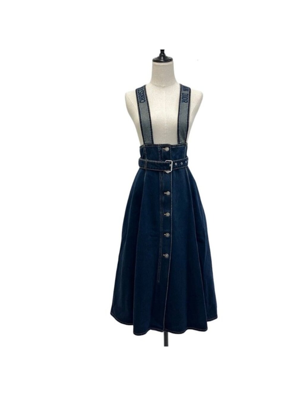 Dior Couture Denim Logo Jacquard Overalls Flare Skirt Indigo 38